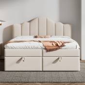 Cadre de lit tapissé avec rangement sous le lit et tête de lit, 140 x 200cm, lit relevable, lit plat, sommier à lattes en bois, lin Cadre de lit