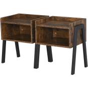 Homcom - Tables de chevet style industriel - lot de 2 tables de nuit - meubles empilables - panneaux particules aspect vieux bois métal noir - Marron