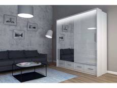 Original-garderobe - armoire avec tiroirs cylia led 203 - blanc + miroir - armoire à glace avec portes coulissantes, armoire spacieuse, salon, couloir