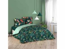 Parure de lit 3 pièces en coton à imprimé petites fleurs et oiseaux "féerie" - vert - 260 x 240 cm