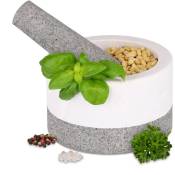 Mortier avec pilon, granite, robuste, durable, pour vos herbes et épices, h x d : 8 x 13 cm, gris et blanc - Relaxdays