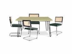 Pack table à manger design industriel 120cm & 4 chaises de salle à manger en rotin - tapisserie en velours - hyre vert foncé