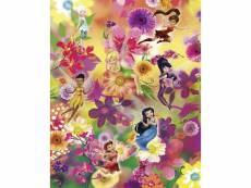 Poster xxl intissé panoramique fée clochette et ses amies sur fond de fleurs très colorées - disney 200x250 cm