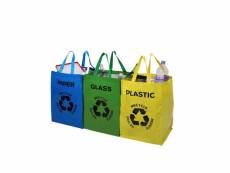 Set de 3 sacs de tri sélectif bleu, jaune et vert papier, plastique et verre avec anses de transport