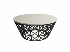 Table basse ovale ellipticum support grille conique bois blanc crème et métal noir