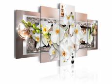 Tableau sur toile en 5 panneaux décoration murale image imprimée cadre en bois à suspendre orchidée abstraite blanche 100x50 cm 11_0005600