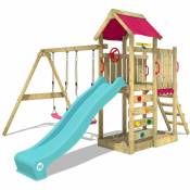 WICKEY Aire de jeux Portique bois MultiFlyer avec balançoire et toboggan turquoise Maison enfant exterieur avec bac à sable, échelle d'escalade &