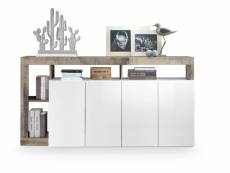 Buffet, meuble de rangement 4 portes coloris blanc brillant , poirier - longueur 184 x hauteur 93 x profondeur 42 cm