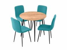 Hanoi - ensemble table ronde 110 effet bois + 4 chaises bleues