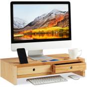 Relaxdays - Support pour moniteur, bambou, rehausseur pour écran avec 2 tiroirs & compartiments, 14 x 60 x 30 cm, nature