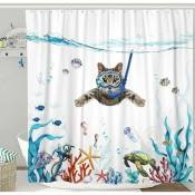 Xinuy - Ensemble de rideaux de douche chat drôle bleu sarcelle mer océan rideaux de douche en tissu imperméable avec animal pieuvre étoile de mer