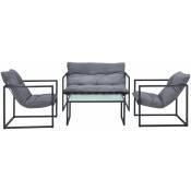 Helloshop26 - Salon de jardin table basse avec canapé et chaises extérieures en acier avec coussins oléfines et plateau de table en verre noir gris