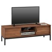 Idimex - Meuble tv selma banc télé de 145 cm au style industriel design vintage avec 2 portes coulissantes, en pin massif teinté brun foncé - Brun