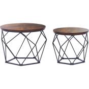 Lot de 2 Tables de Salon avec Plateau Retirable Effet Bois Sombre Cadre en Acier Formes Géométriques Noir Bruni - Noir