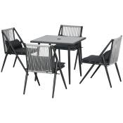 Outsunny Ensemble de jardin 4 chaise et 1 table salon de jardin 5 pièces avec coussins plateau en verre trempé gris foncé
