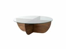 Table basse design sunac d90cm verre transparent et pin massif foncé