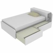 864CK - Lit simple 120x190 avec meuble de rangement en tête de lit et tiroirs coulissants - blanc - blanc
