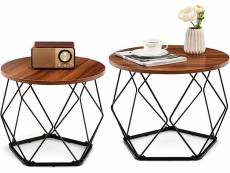 Costway lot de 2 tables basses rondes, tables de chevet industrielles en bois avec structure en métal robuste, grande table basse et petite table d'ap