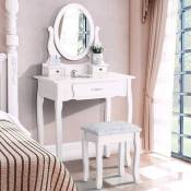 Ensemble de Coiffeuse en bois avec Miroir, tabouret, miroir et 3 tiroirs, 75 x 40 x 136 cm, blanc - Blanc