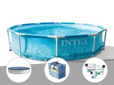 Kit piscine tubulaire Intex Metal Frame Ocean ronde 3,05 x 0,76 m + Bâche de protection + Bâche à bulles + Kit de traitement au chlore