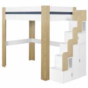 Lit mezzanine escalier bois massif blanc et bois 90x190
