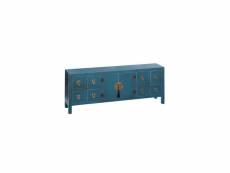 Meuble tv bois bleu à motifs 8 tiroirs 2 portes métal oriente
