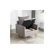 Okwish - Chaise, fauteuil, ottoman avec rangement, coussin et accoudoirs en velours minimaliste moderne, chaise longue avec pieds en métal doré, gris