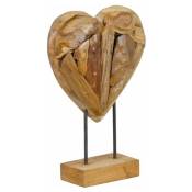 Sculpture artisanale cœur sur socle en bois de teck