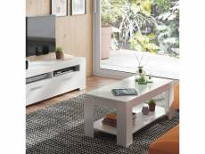 Table basse avec plateau relevable et espace de rangement et étagère inférieure, couleur blanc mat, dimensions 102 x 43 x 50 cm (la hauteur peut être