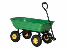 Chariot de jardin à main benne basculante 75° 75l charge max. 200 kg 4 roues pneumatiques acier pp jaune vert