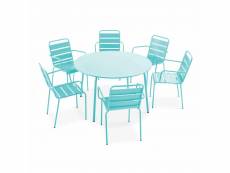 Ensemble table de jardin ronde et 6 fauteuils acier turquoise - palavas
