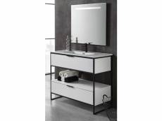 Meuble de salle de bain avec 2 tiroirs blanc brillant avec plan moulé + miroir - longueur 100 x hauteur 85 x profondeur 46 cm