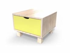 Table de chevet bois cube + tiroir vernis naturel,jaune