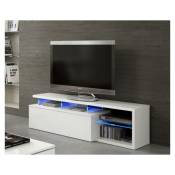 Caesaroo - Meuble tv de salon Blue tech 150 cm Blanc brillant avec une porte et éclairage led Blanc