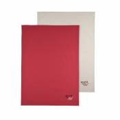 Duo de torchons brodés - Rouge/Lin - 50 x 70 cm