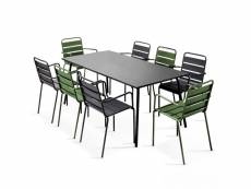 Ensemble table de jardin et 8 fauteuils en métal vert cactus et gris - palavas