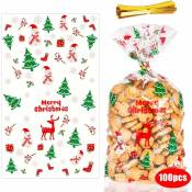Ersandy - 100pcs Sachets en Plastique Noël pour Bonbons & Biscuits, Sacs de Cadeau Noel avec Cravates Torsadées pour Fournitures de Fête Noël (Joyeux