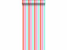 Papier peint rayures verticales rose, turquoise et corail rouge - 138704 - 53 cm x 10,05 m 138704