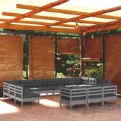 Salon de jardin 13 pcs avec coussins Gris Bois de pin