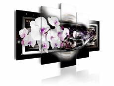 Tableau sur toile en 5 panneaux décoration murale image imprimée cadre en bois à suspendre orchidées sur fond noir 100x50 cm 11_0005584