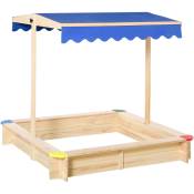 Bac à sable bois carré dim. 1,2L x 1,2l x 1,2H m - hauteur et inclinaison toit réglables - bois naturel de pin - Bleu