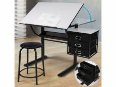 Miadomodo® table à dessin - plateau inclinable, avec tabouret, 3 tiroirs, pour beaux-arts, structure en acier, noir-blanc - bureau à dessin, les archi