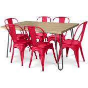 Pack Table à Manger - Design Industriel 150cm + Pack de 6 Chaises à Manger - Design Industriel - Hairpin Stylix Rouge - Acier, MDF mélaminé avec
