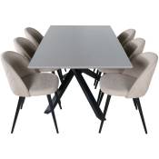 PiazzaGRBL ensemble table, table gris et 6 Velvet Stitches chaises beige.