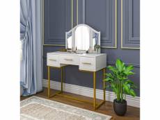 Table coiffeuse avec 3 miroir+3 tiroirs en bois,pieds en métal.90.2x40.2x125.5cm.blanc+or