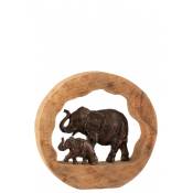 Éléphants en bronze dans bois de manguier naturel