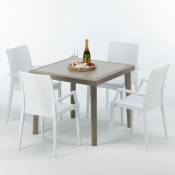 Grand Soleil - Table carrée beige + 4 chaises colorées Poly rotin synthétique Elegance Chaises Modèle: Bistrot Arm Blanc