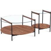 Lot de 2 tables basses rondes en verre bois et métal