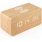 Réveil Numérique, Horloge en bois rechargeable sans fil,Alarm Réveil LED avec TempératureSnooze pour Enfant,Maison,Couleur du bois de bambou