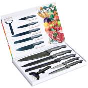 Set de 6 couteaux de cuisine Ensemble de couteaux avec éplucheur et boîte de rangement Lames anti-adhérente Manches ergonomiques Design
